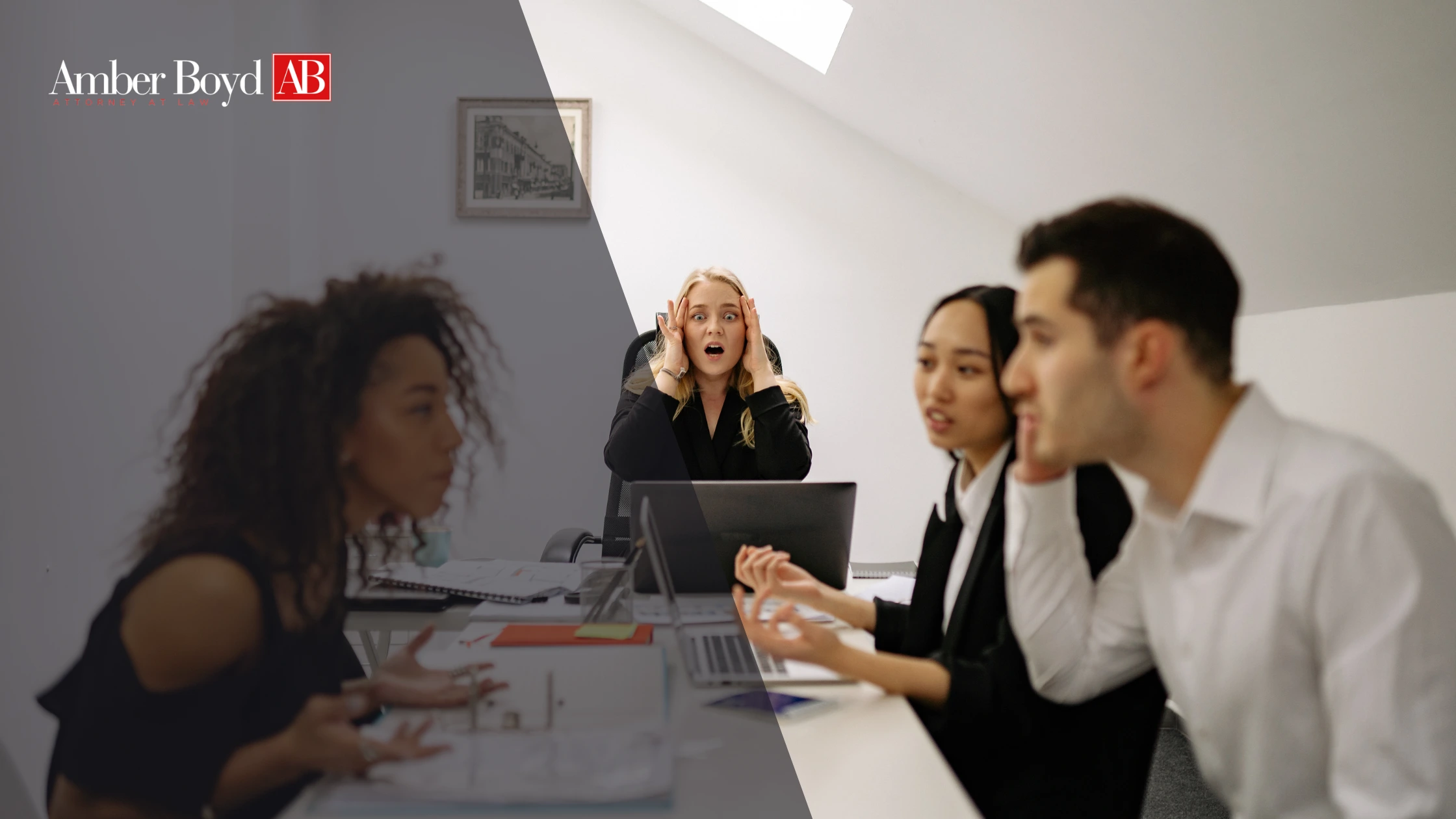 Team of colleagues in a business meeting around a table; the woman in the center has a surprised expression, hands to her head.