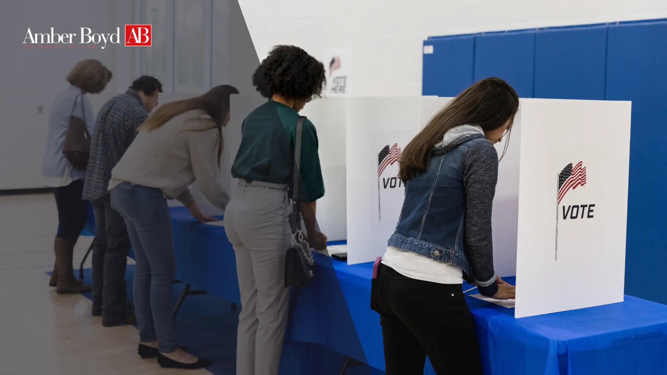 Voters lined up at white voting booths with American flag graphics, in a blue-walled room; Amber Boyd AB logo appears in the top-left corner.