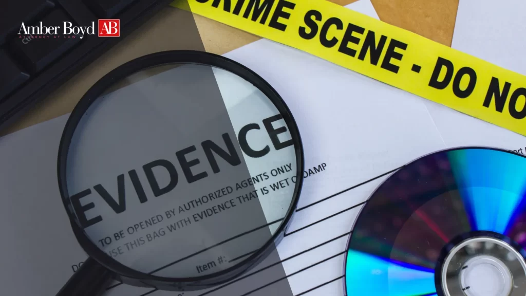 Magnifying glass over a document labeled EVIDENCE with yellow crime-scene tape and CDs nearby, in a law-themed banner.