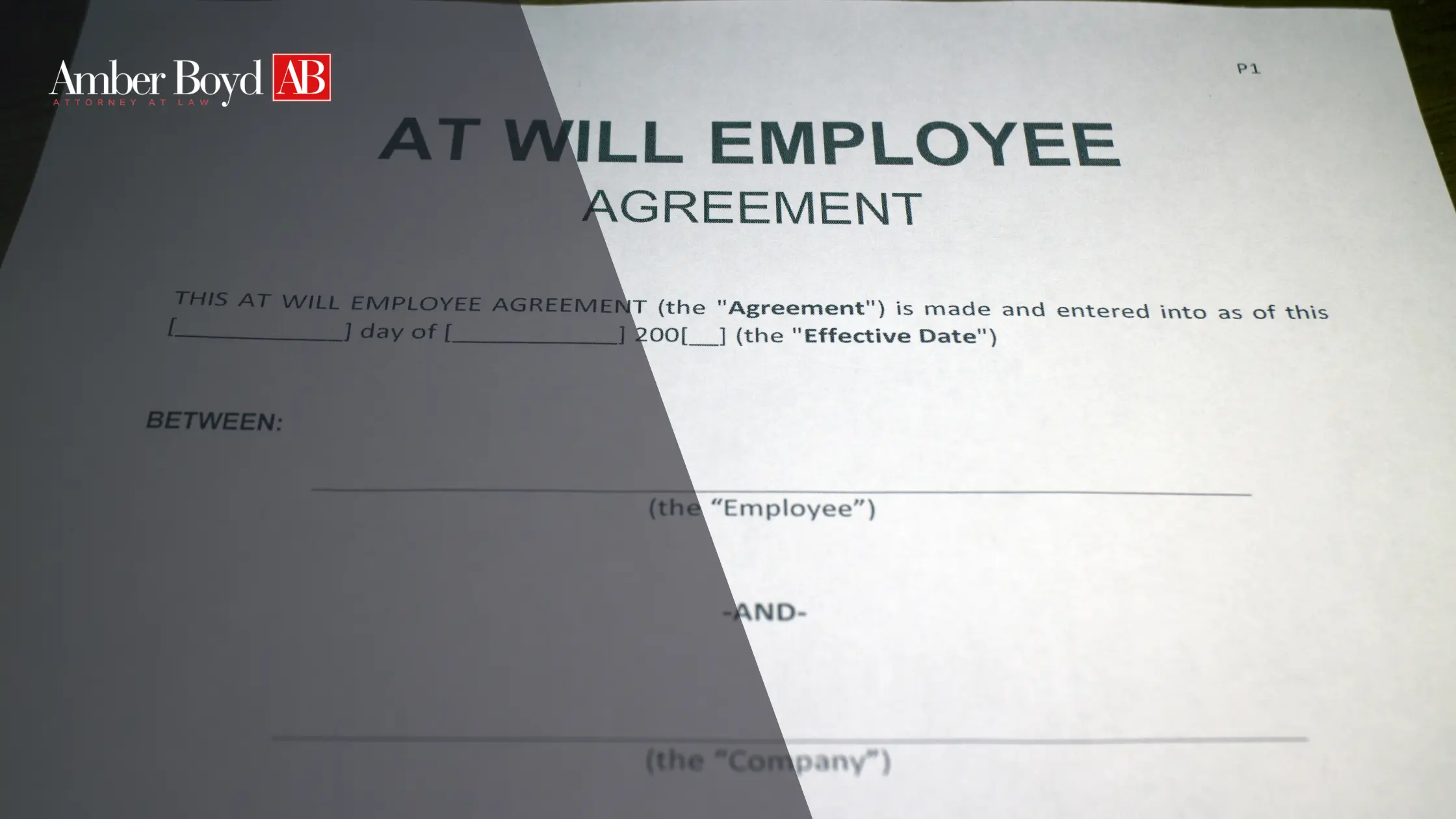 Employment agreement document titled 'AT WILL EMPLOYEE AGREEMENT' with Amber Boyd logo in corner.