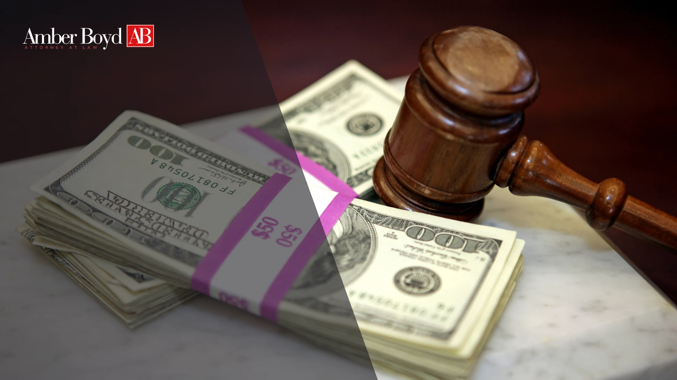 Stacks of U.S. hundred-dollar bills next to a wooden gavel, with an Amber Boyd AB logo in the top left corner.