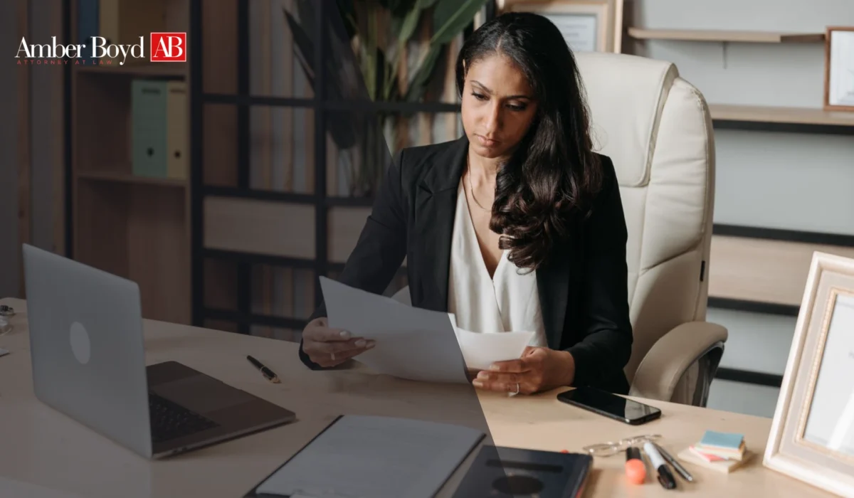 Professional woman reviewing documents at her office desk