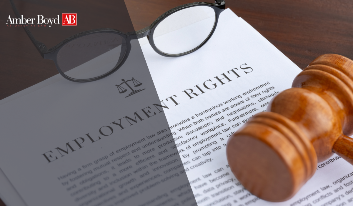 Law-themed image showing a document titled 'EMPLOYMENT RIGHTS' with a gavel and glasses on a desk, and Amber Boyd logo in the corner.