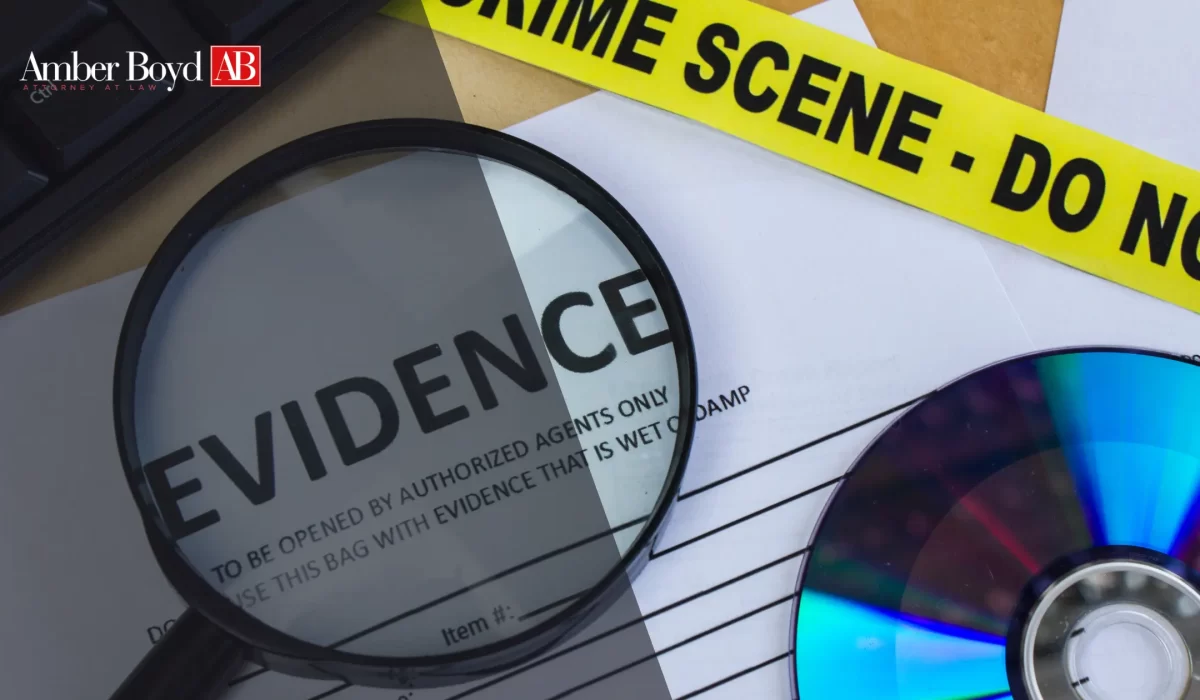 Magnifying glass over a document labeled EVIDENCE with yellow crime-scene tape and CDs nearby, in a law-themed banner.