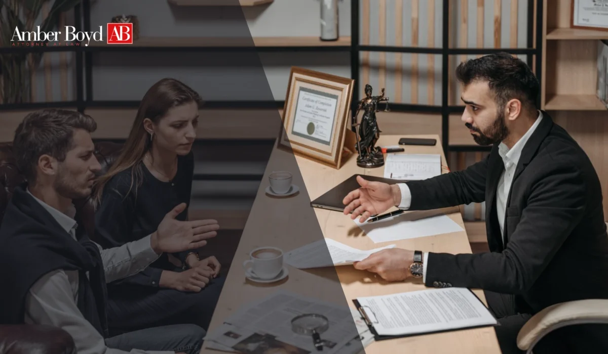 Employment lawyer in Lafayette Indiana office discussing workplace discrimination and wrongful termination with client